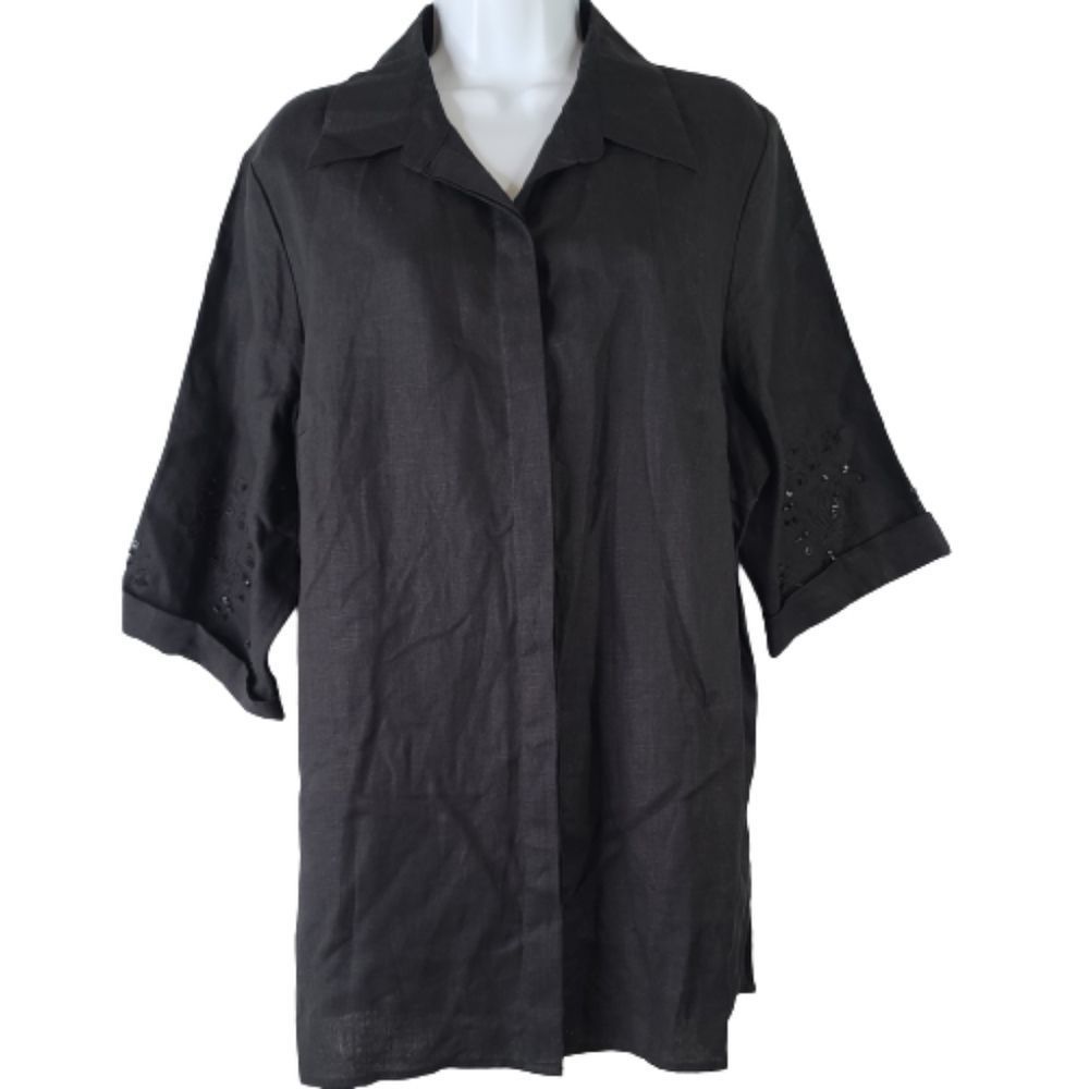 Edward Woman 1X Black 100% Irish Linen Button Down Sequin Embroidered Sleeve